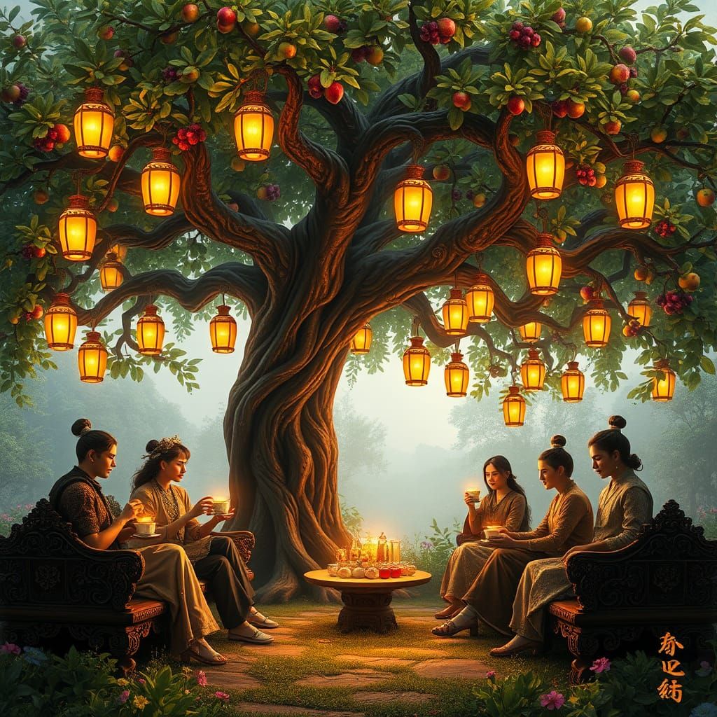 There is a thick fruit tree. tea time