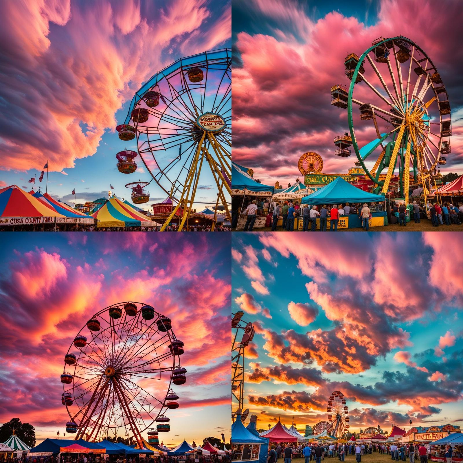 Colored clouds over county fair, cinematic, colorful details