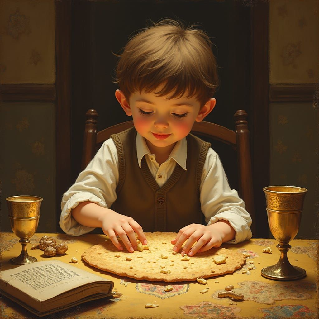Sweet Boy Breaks Matzah at Cozy Passover Seder