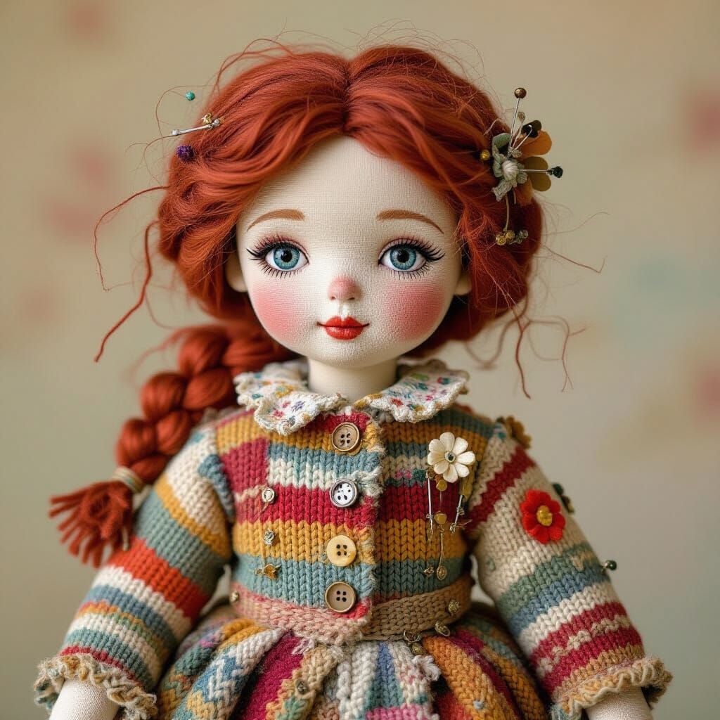 a beautiful cloth doll worn and dirty with use but maintained. hair made of different materials all slightly different shades of read, a lit...