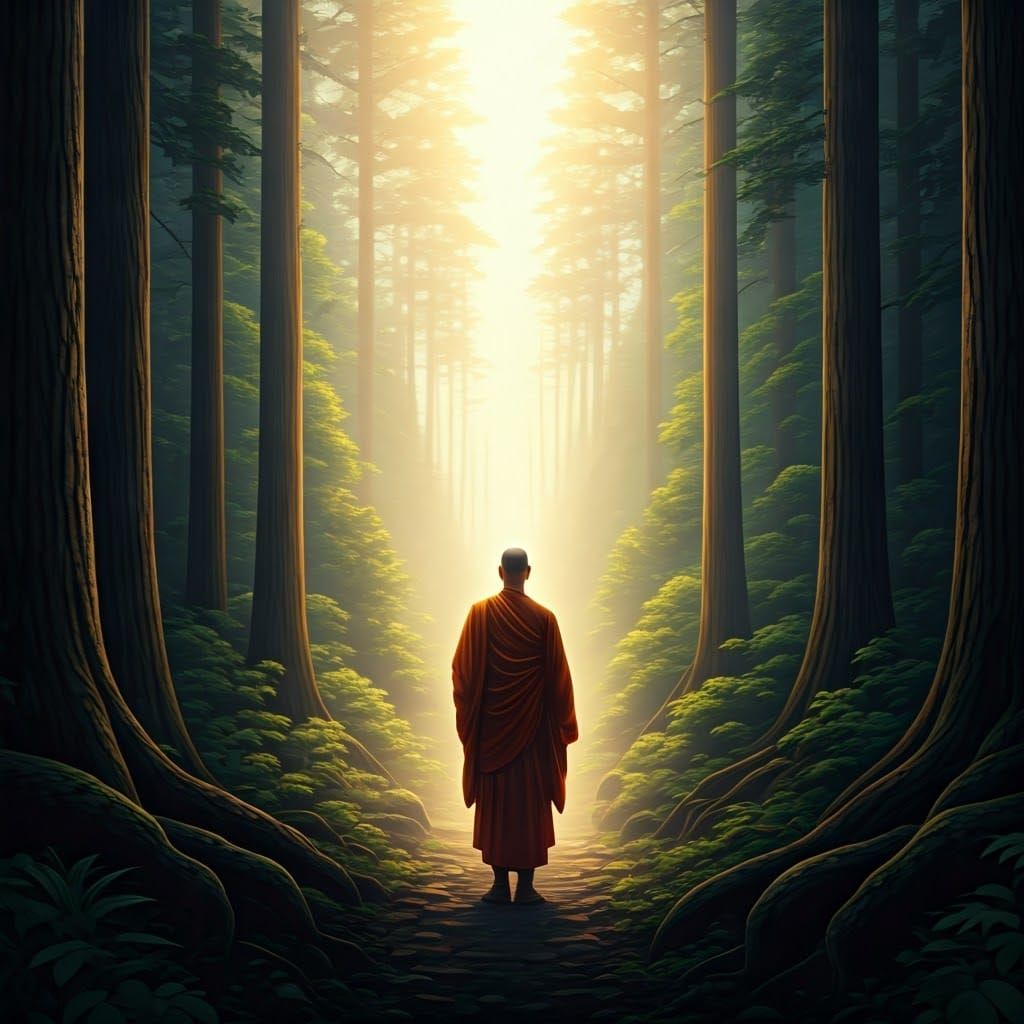 Serene Monk in Lush Forest Sanctuary