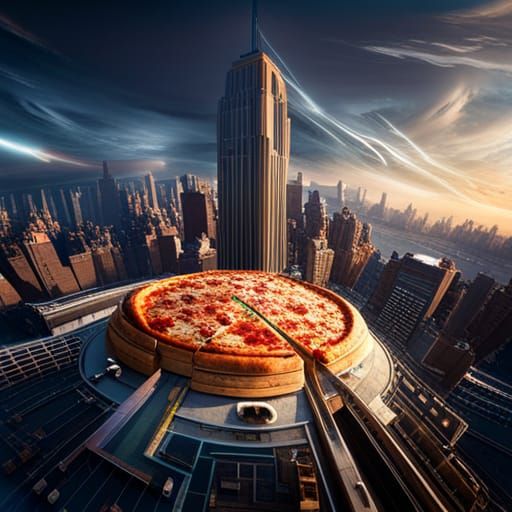 A giant pizza attacking New York City