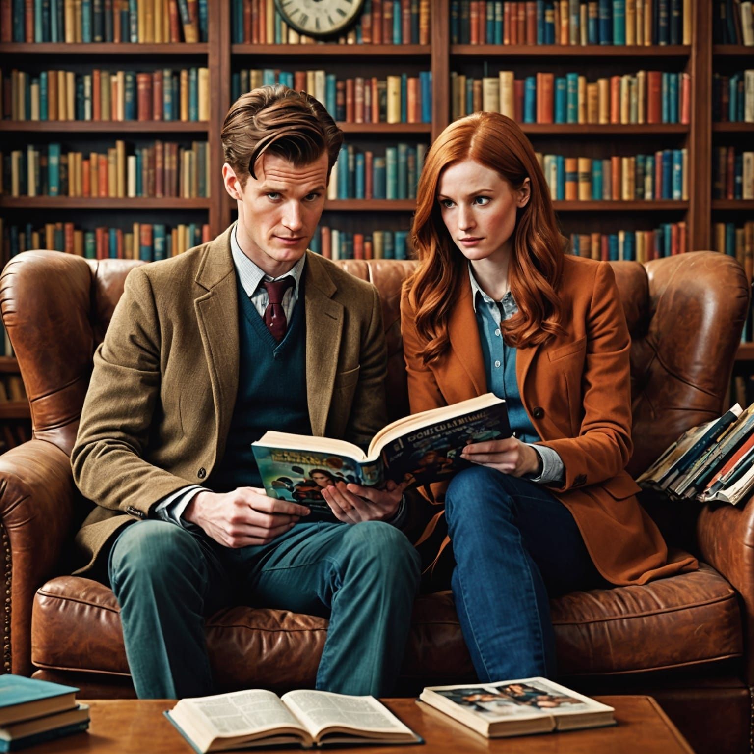 The Eleventh Doctor and Amy Pond in the TARDIS reading room