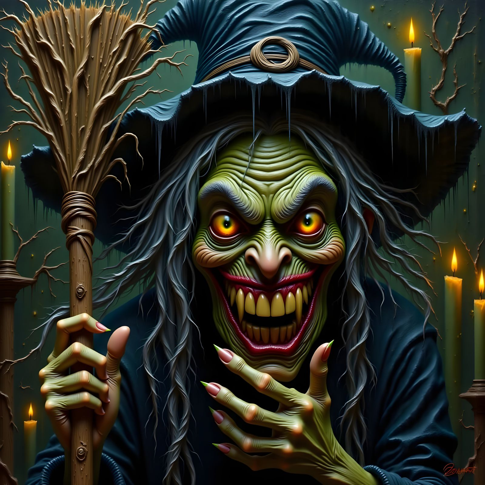 <lora:Wicked Witch:1.0> A withered, gnarled crone with a desiccated, apple-like visage, distorted by age and malice, sporting a wicked, sadi...