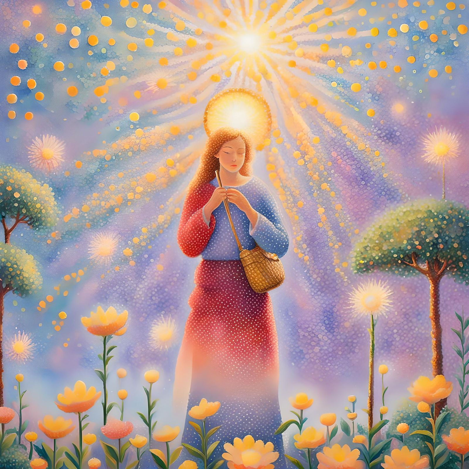 Glowing Flower Woman in Pointillist Style