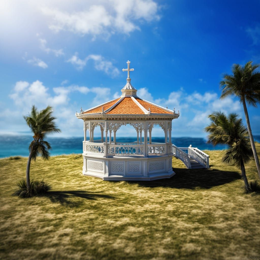 A gothic gazebo with a white cross on top near our ocean, intricate details, HDR, beautifully shot, hyperrealistic, sharp focus, 64 megapixe...