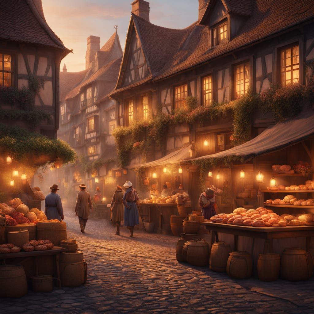 Medieval food market lit by torches  by @Michael Earner