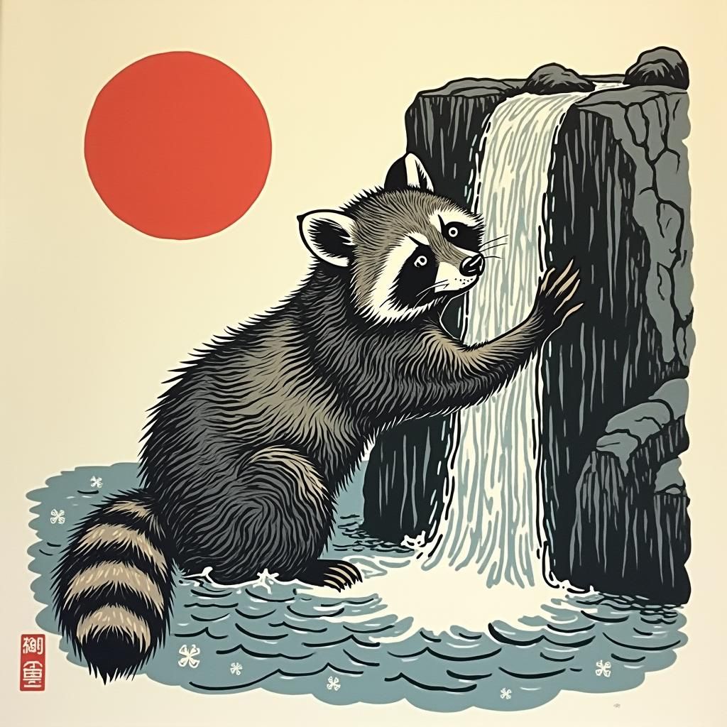 japanese woodcut inspired happy raccoon playing in stylized ...
