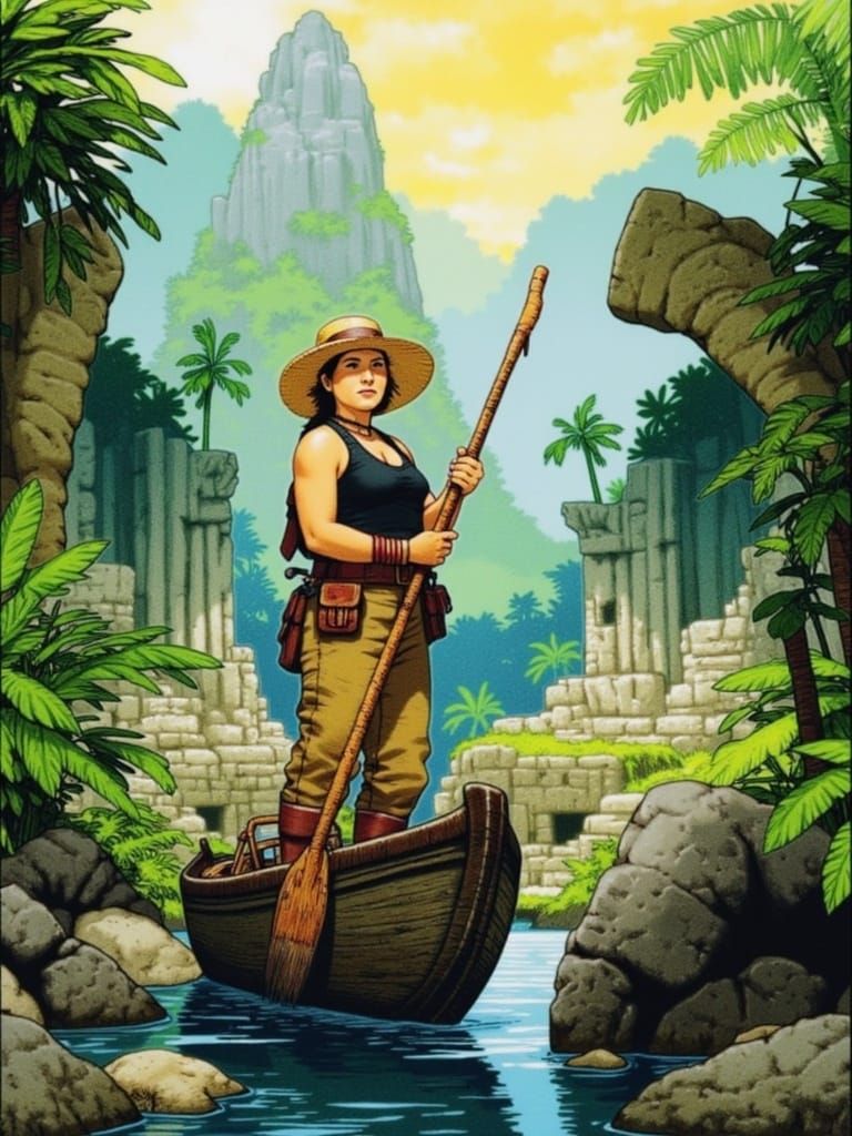 <lora:Jungle Adventure:1.0> A weathered, stoic native female explorer translator, clad in a black tank top, worn leather gloves, and a wide-...