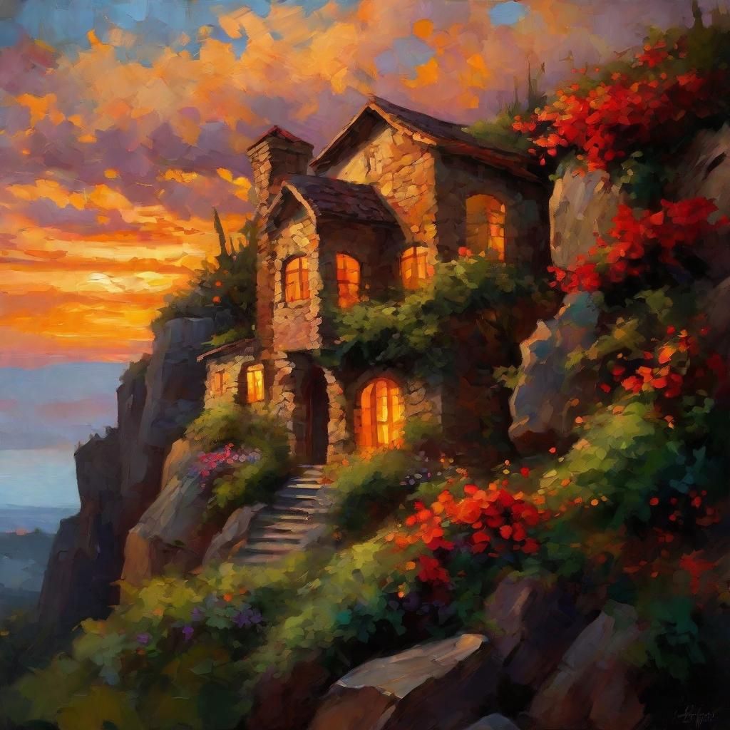 Expressionist Stone House at Twilight on Cliff