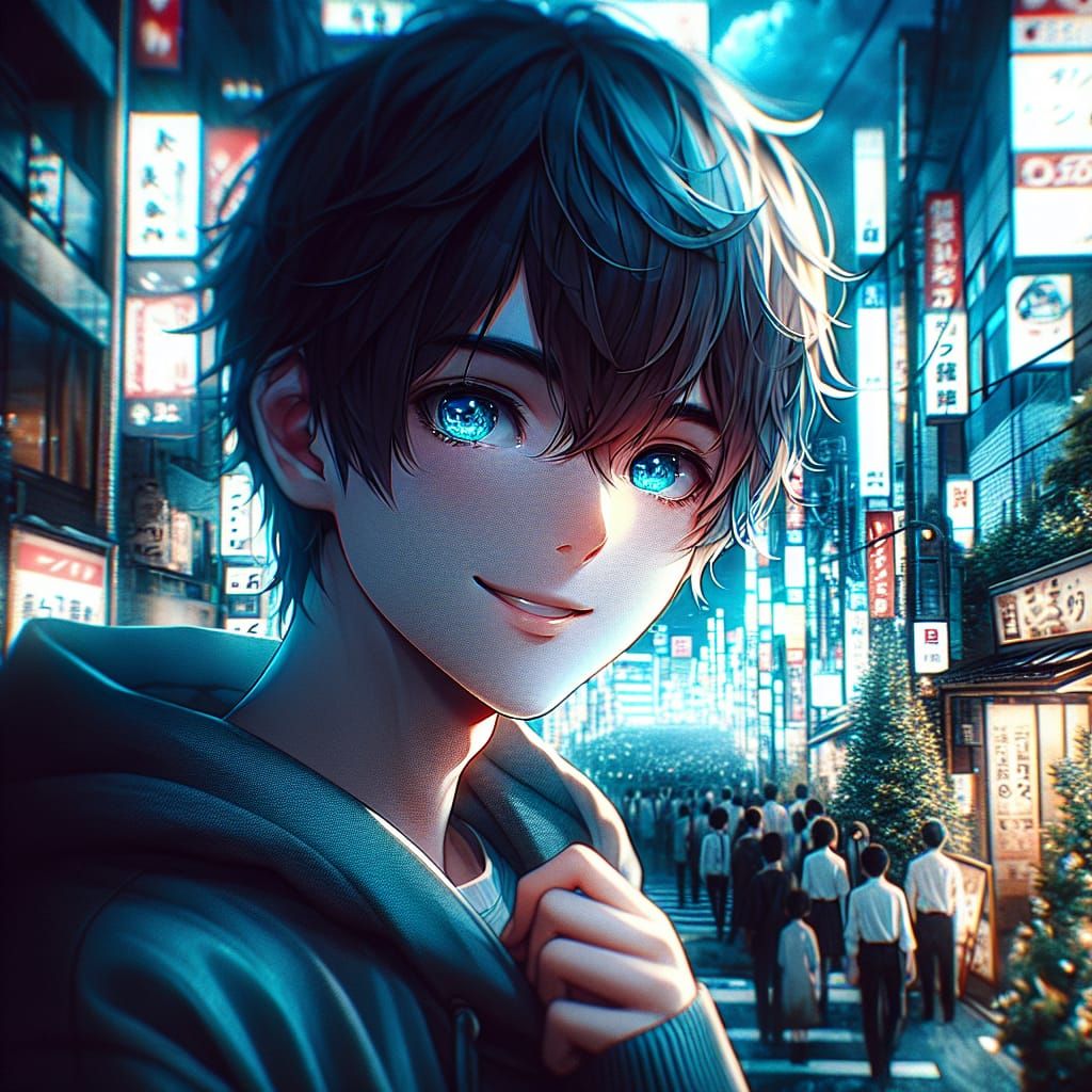 Make anime boy with blue eyes and boy has a smile with backg...