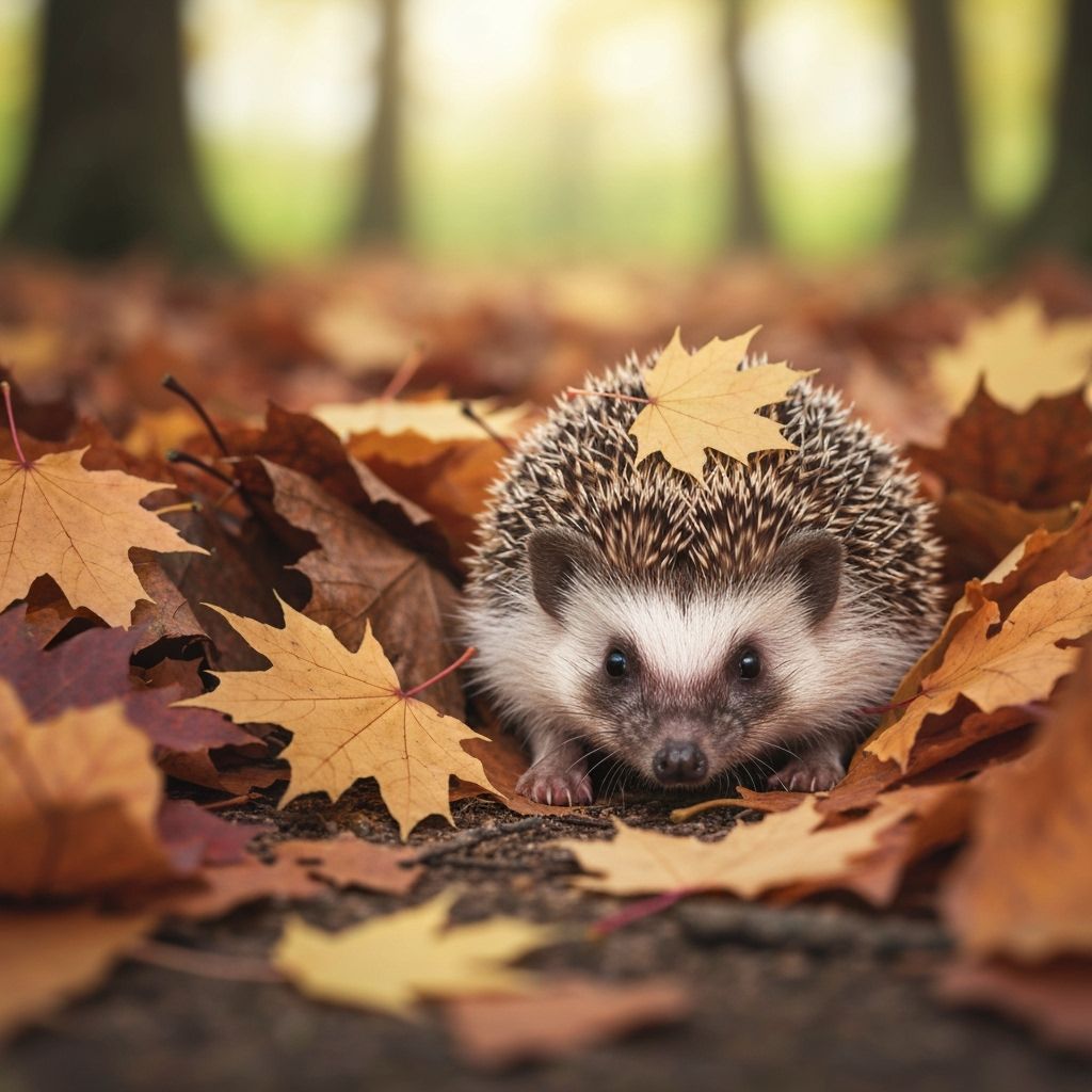 A tiny hedgehog, its quills adorned with a few stray maple leaves, cautiously emerges from a dense pile ...  by @Eclectic shambles