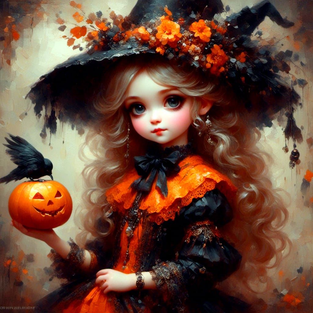 <lora:Intricate Oils:1.0> <lora:Victorian Dolls:1.0> cute adorable little Halloween girl in orange and black oil painting style 