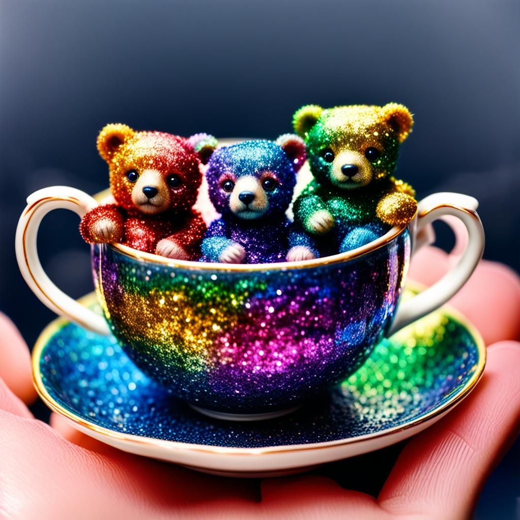 Rainbow Glitter miniature bears in a teacup