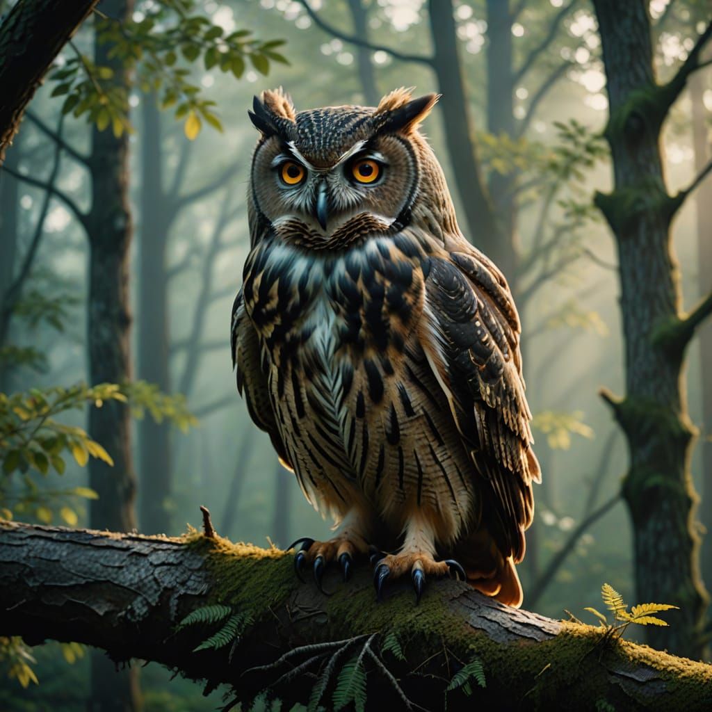 Beautiful full body owl photography standing on a tree trunk. 8K resolution, ultra HD, extreme definition ...  by @Ross Tiger