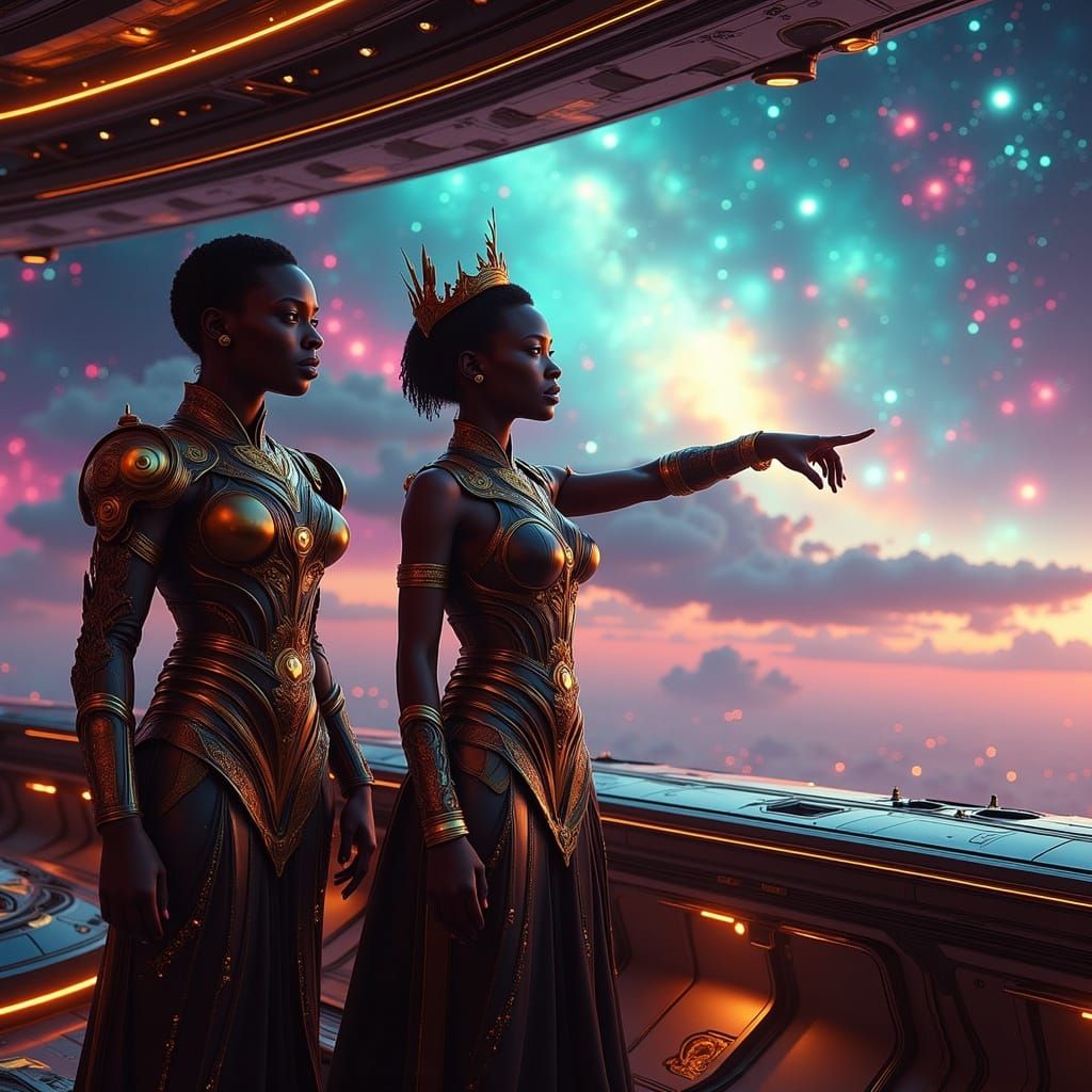 A diverse crew of explorers, clad in sleek, futuristic uniforms with subtle historical influences, stand on the bridge of a grand starship. ...