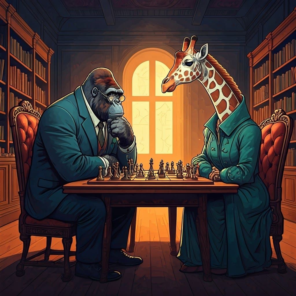 A genius gorilla playing chess with a gorgeous giraffe.  by @Dave Man