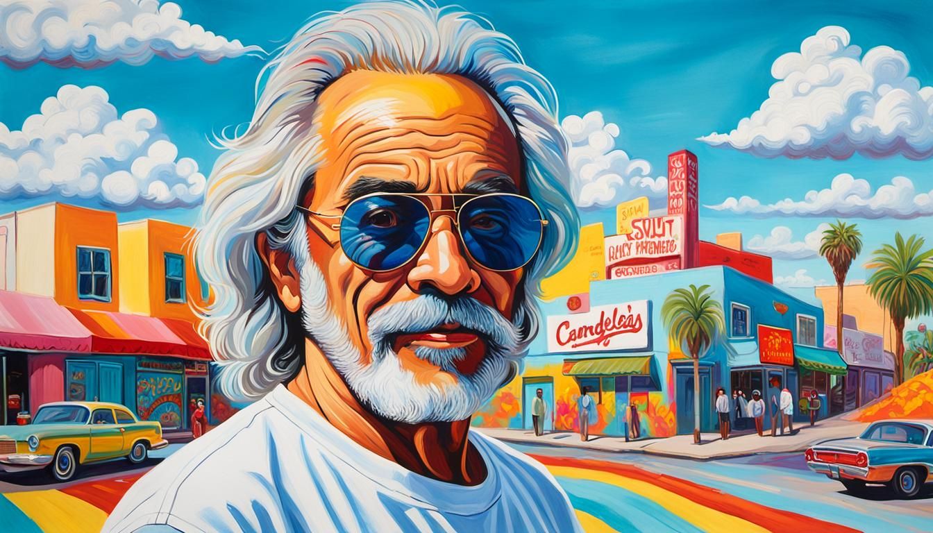 TOMMY CHONG, WEARING SUNGLASSES, WHITE TEE SHIRT , BRIGHT SU...