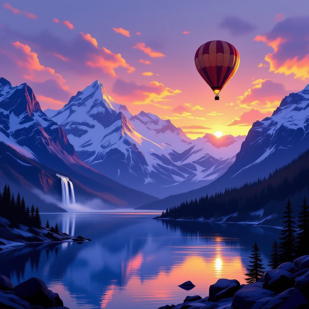 A majestic mountain range at dawn, with a hidden waterfall cascading into a crystal-clear lake. The peaks are dusted with snow, and the sky ...