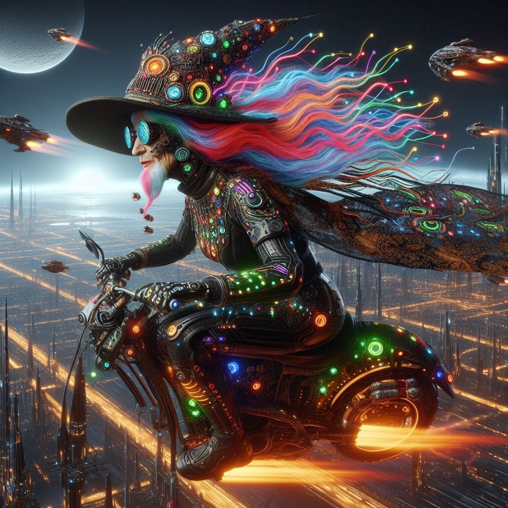 Futuristic Witch flying above Alien Ecumenopolis Planet - 21
