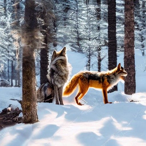 Wolf and Fox Fighting in the Dark Forest