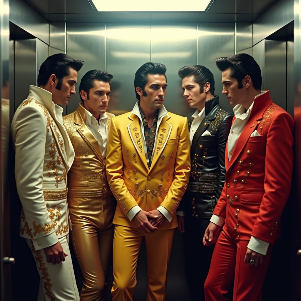 Five Elvis impersonators in a crowded elevator 