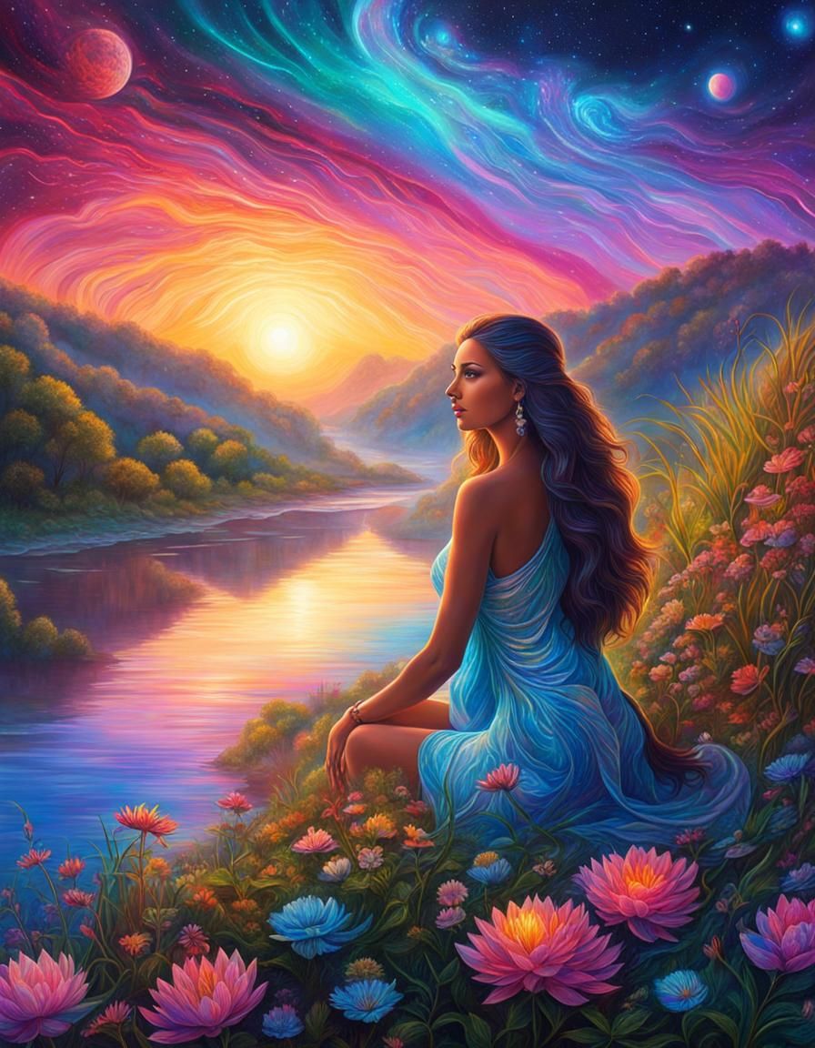 A beautiful woman at the riverbank at sunrise.