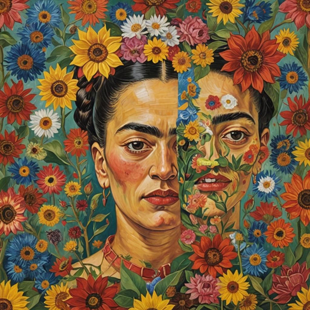 Art by Frida Kahlo, Vincent van Gogh: A surreal portrait showing the ...