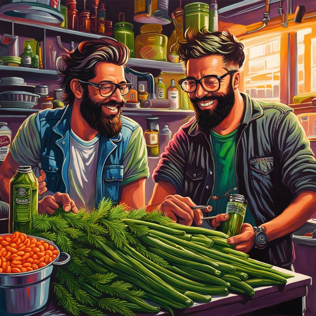 Two hipster guys making Dill Pickles