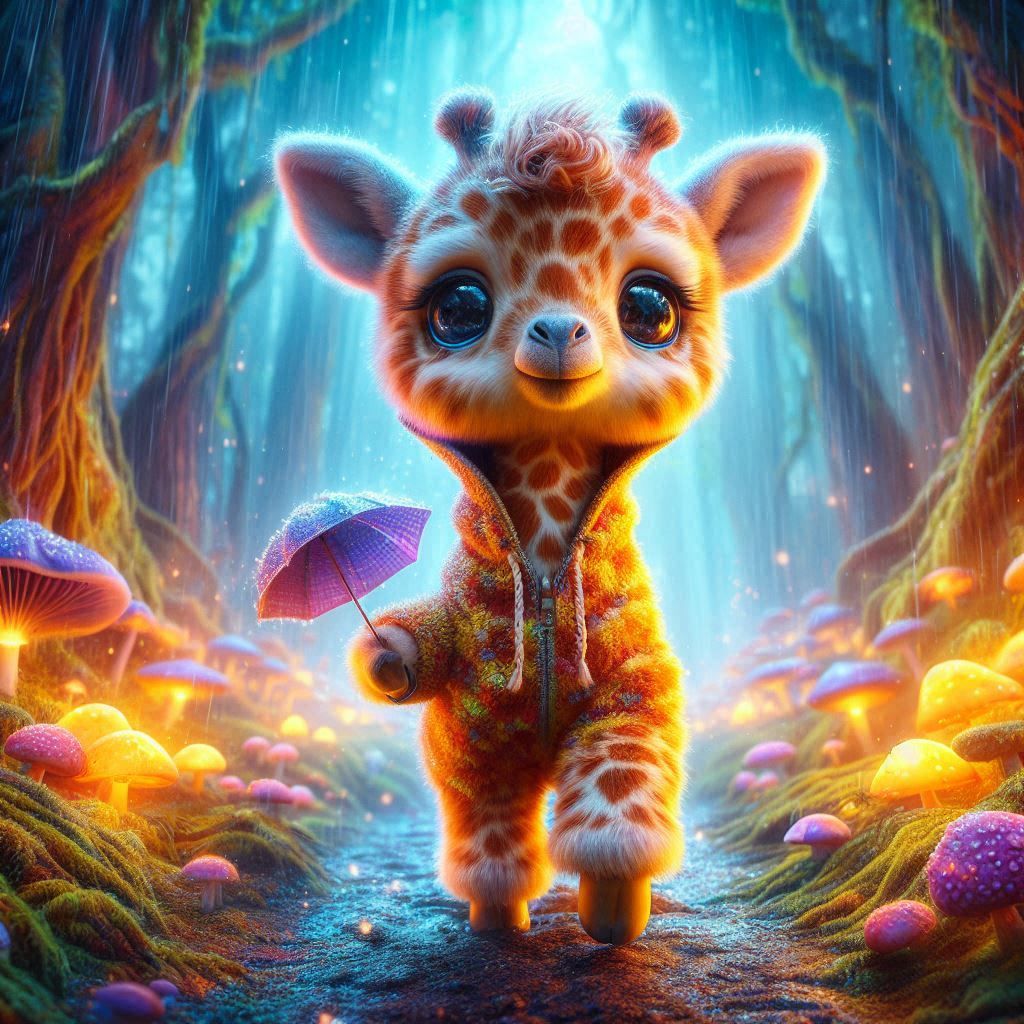 Surreal giraffe in a rainy forest