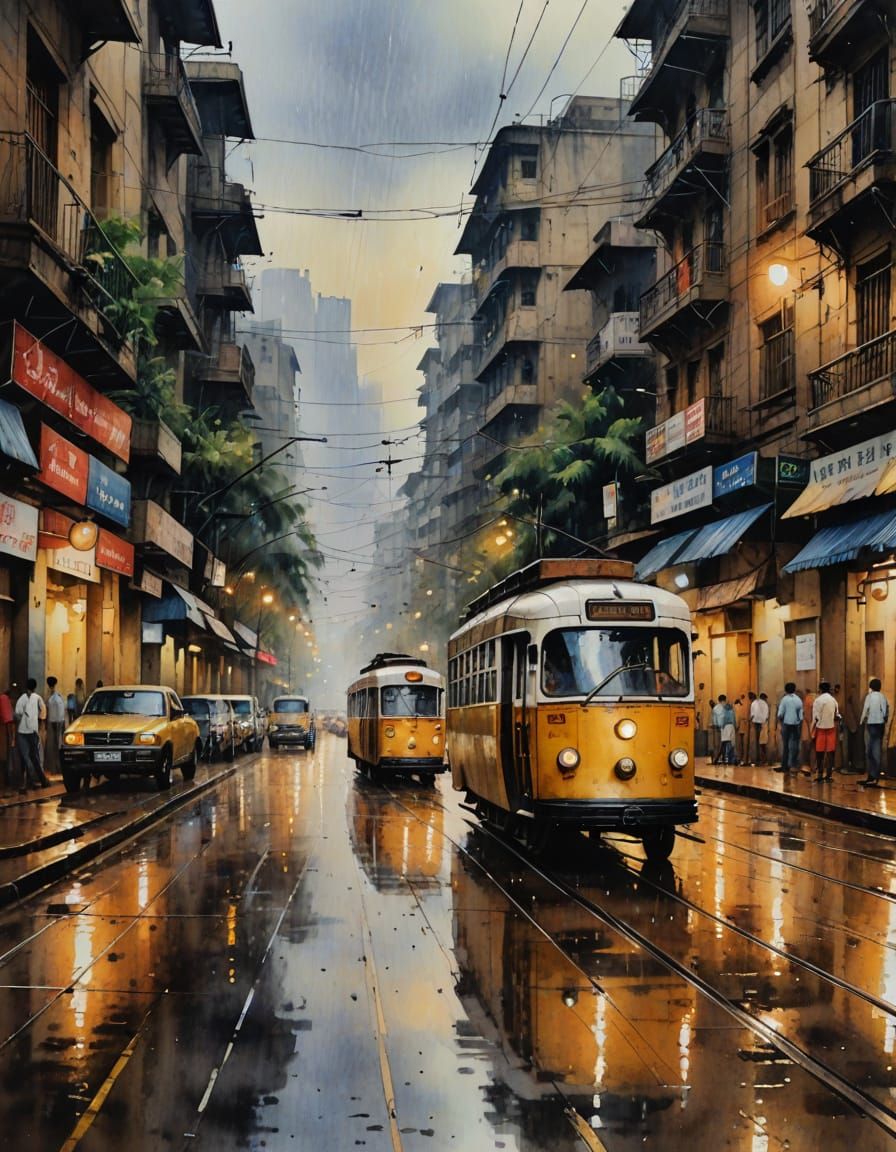 A street view of Mumbai city with trams and old cars and horse buggies. Low-angle camera shot. Cloudy ...  by @BeatleJuice