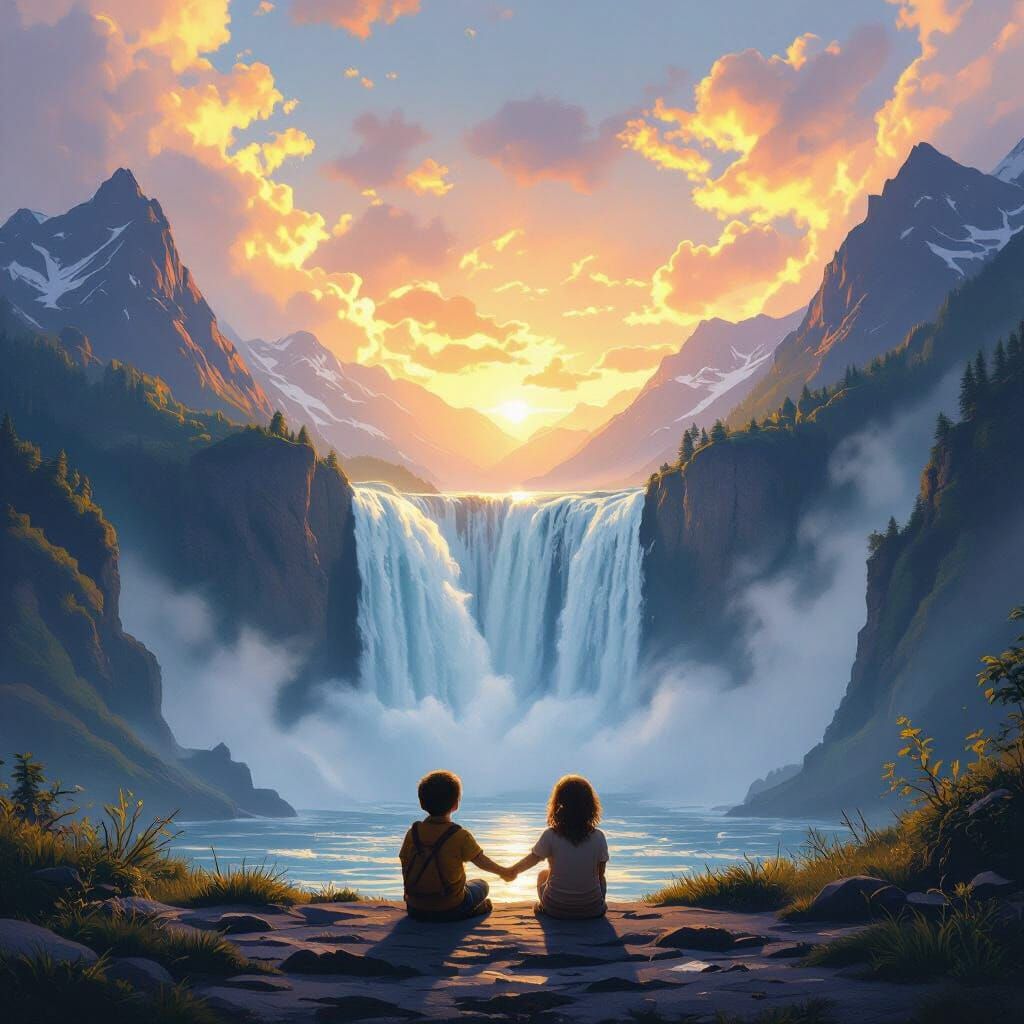 Children Gazing at Epic Waterfall in Golden Hour