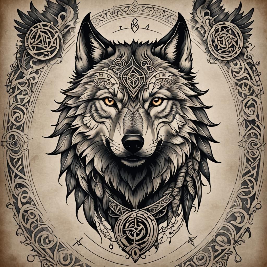 Create a detailed tattoo design that integrates a wolf head and a bird ...