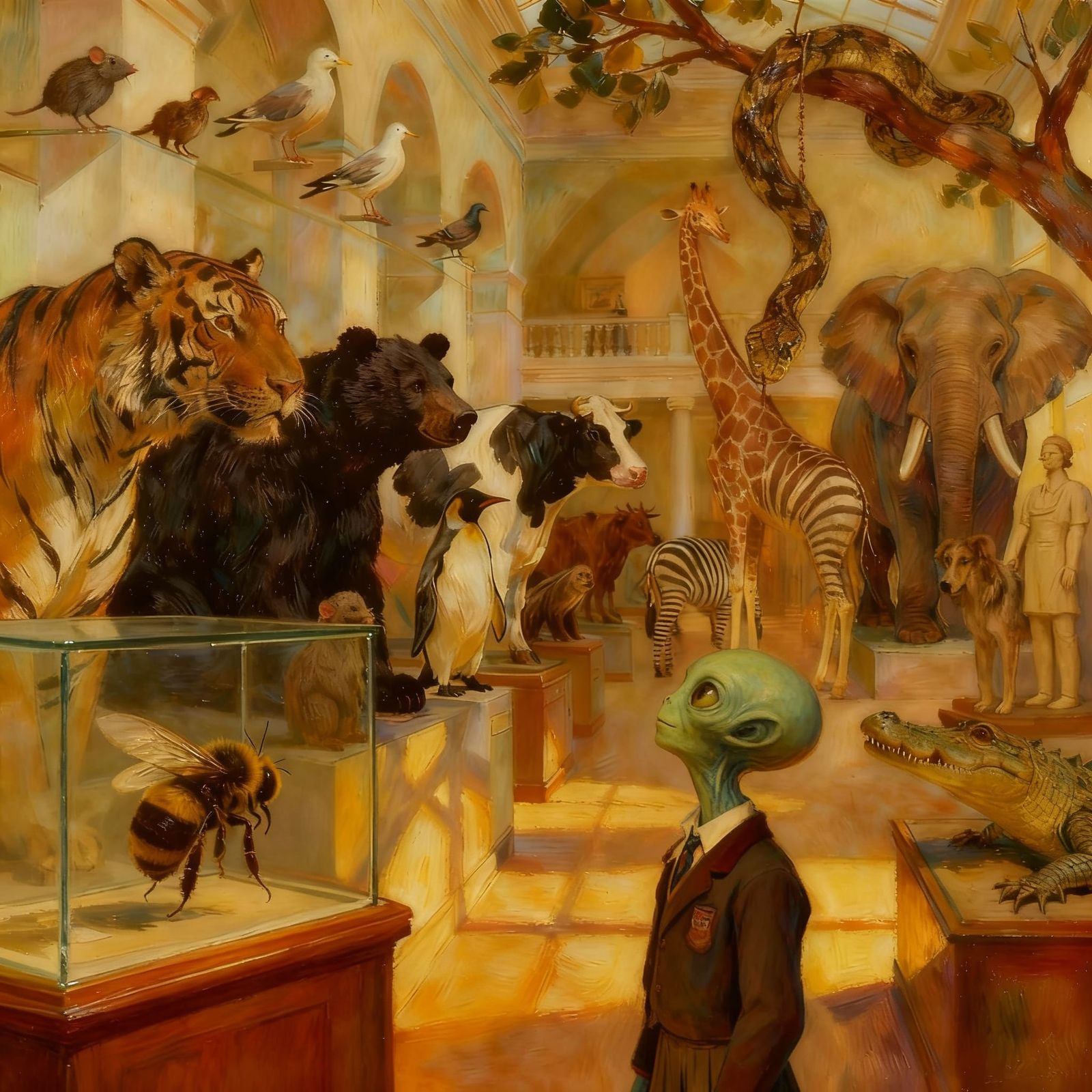 Young school alien visiting the British Museum admiring the extinct life forms.  by @Hannah