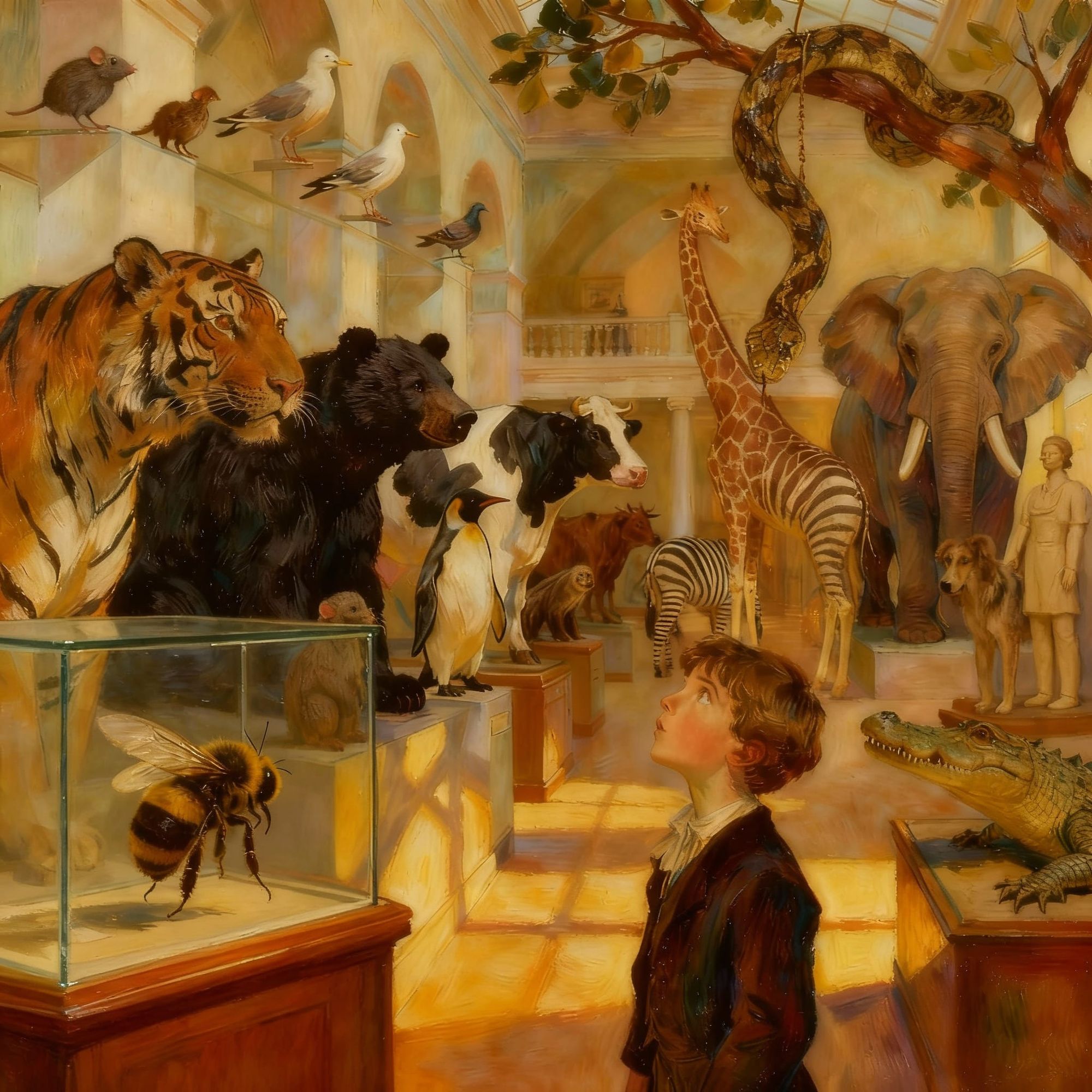 Young school alien visiting the British Museum admiring the extinct life forms.