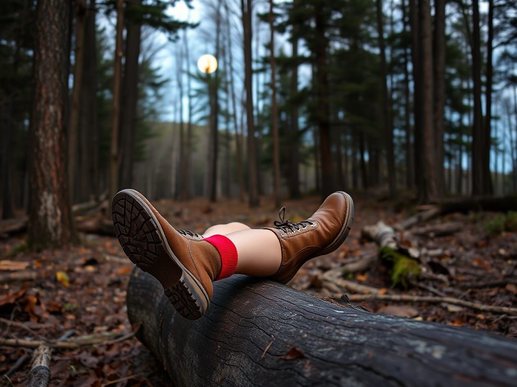 hd photograph of a pretty and rugged woman sitting on a log in the woods with her boots off, wearing ...  by @Vaj