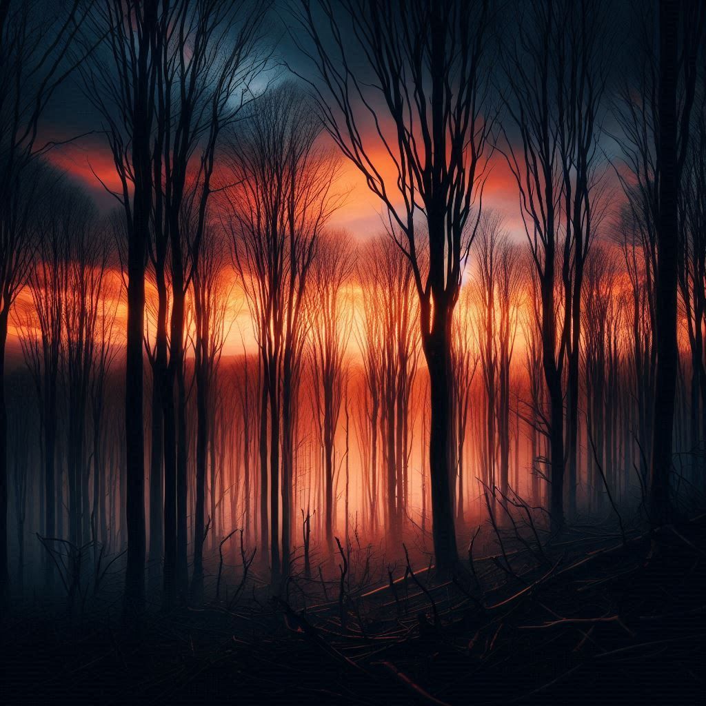 a silhouetted forest of skeletal trees against a  sunset-lit sky