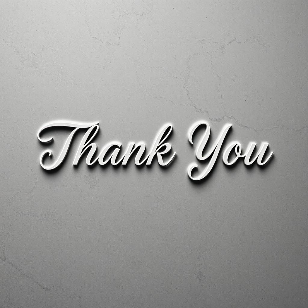 Elegant, cursive words "THANK YOU" on a soft, gray backgroun...