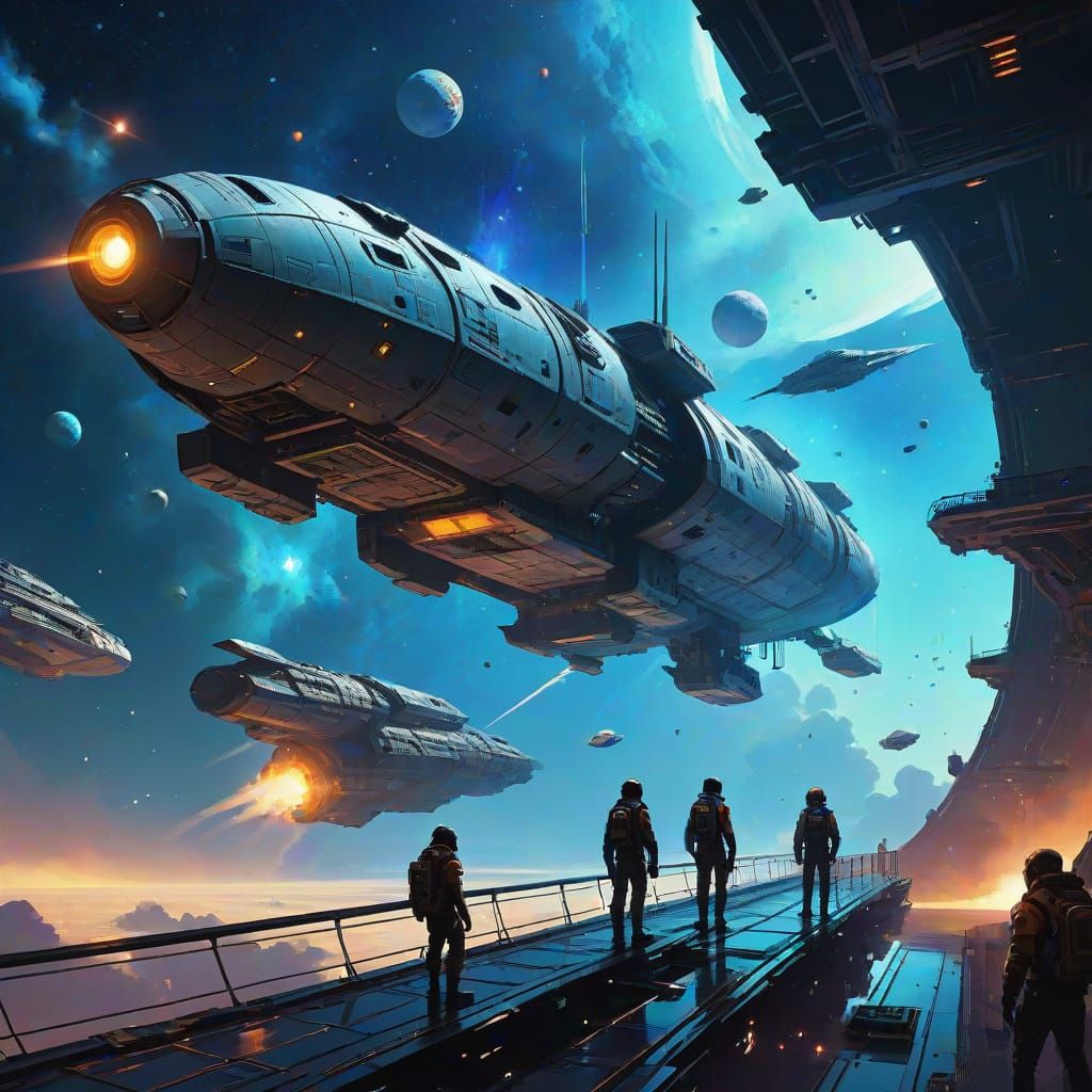 A diverse crew of explorers, clad in sleek, practical uniforms, stand on the bridge of a majestic starship, ...  by @Iconoclast