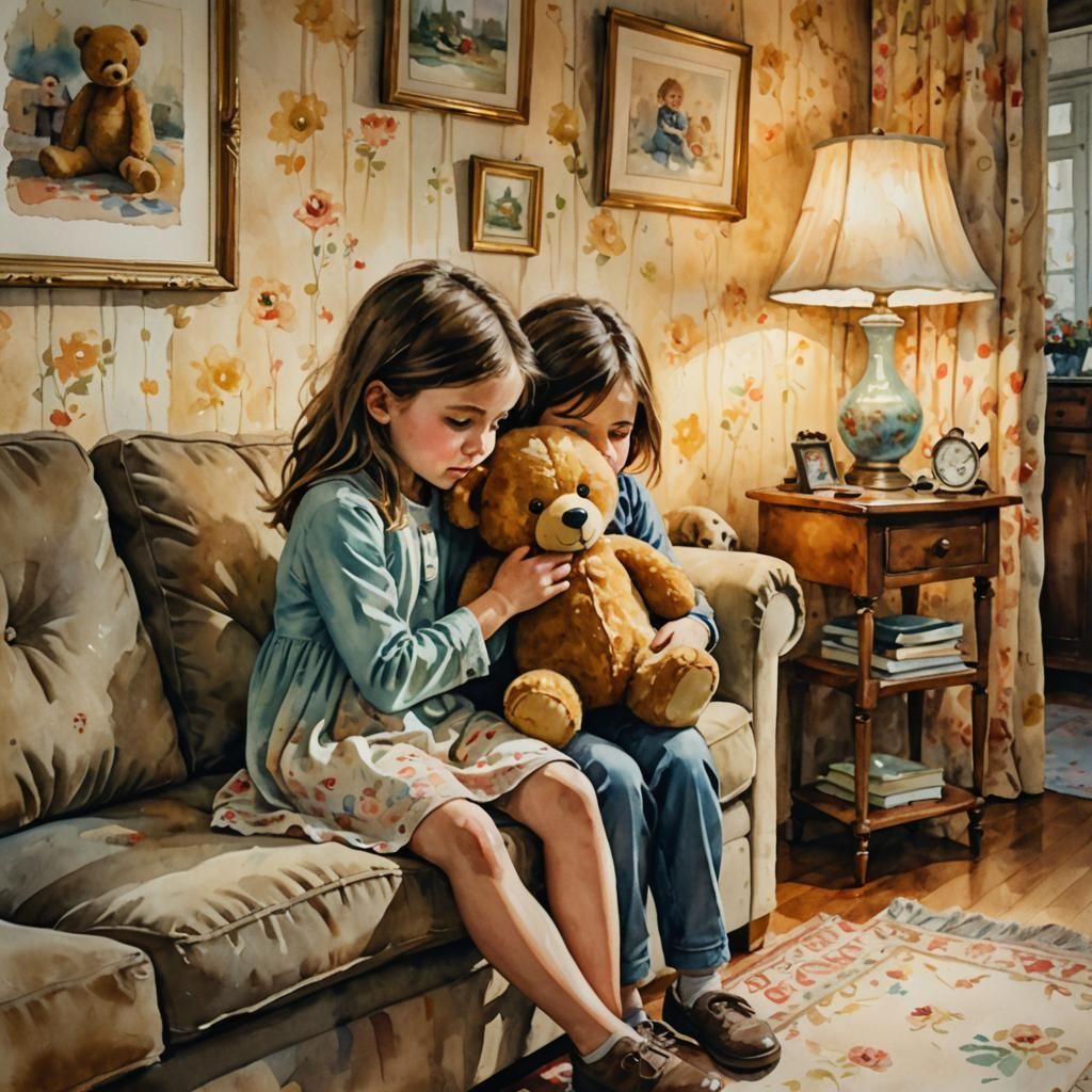 Watercolor, Scared child hiding behind the sofa hugging her teddy bear as her parents fight in the room ...  by @A Secret McDaniel