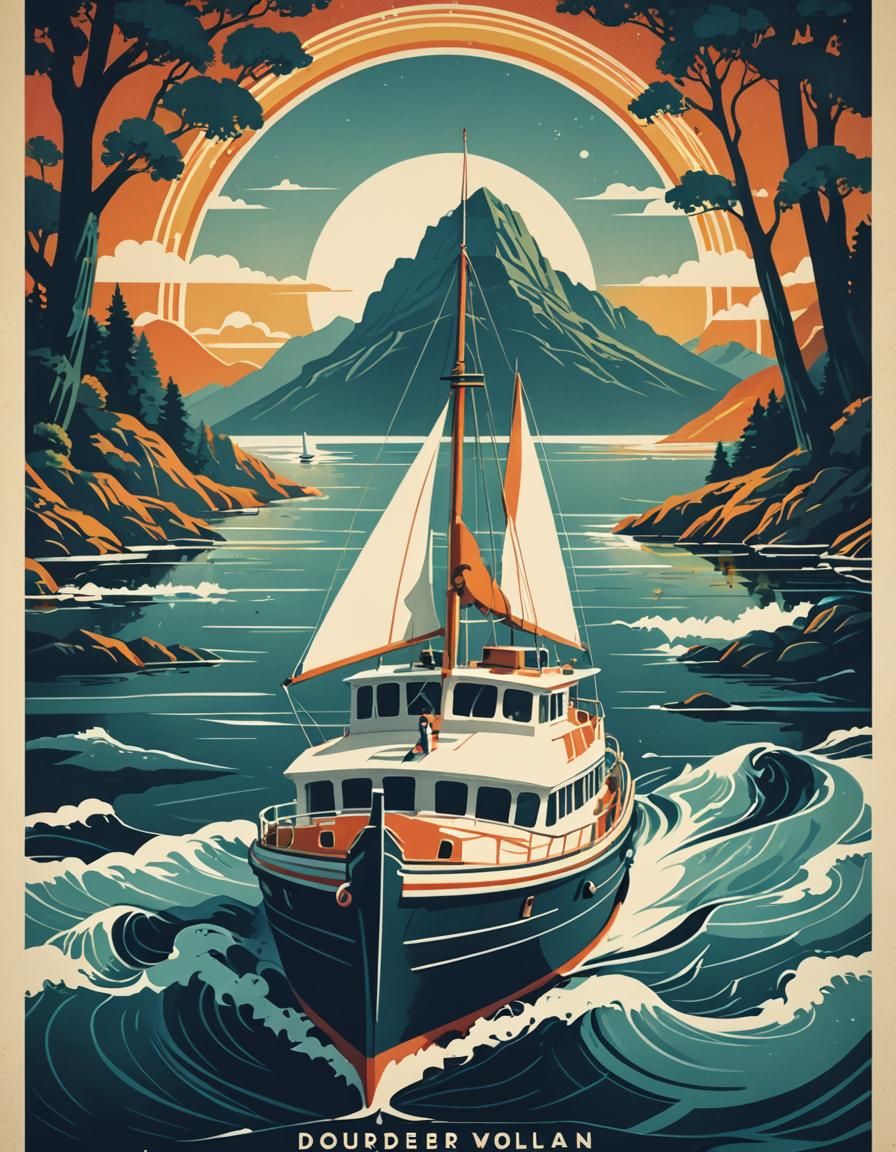 A poster of a boat in the water