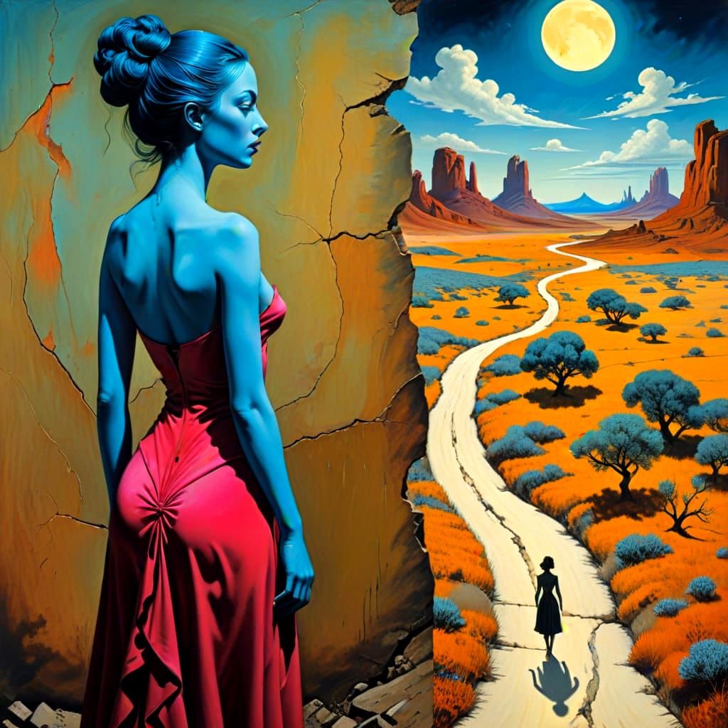 Surrealistic Landscape with Tiny Female Silhouette in Hyperr...