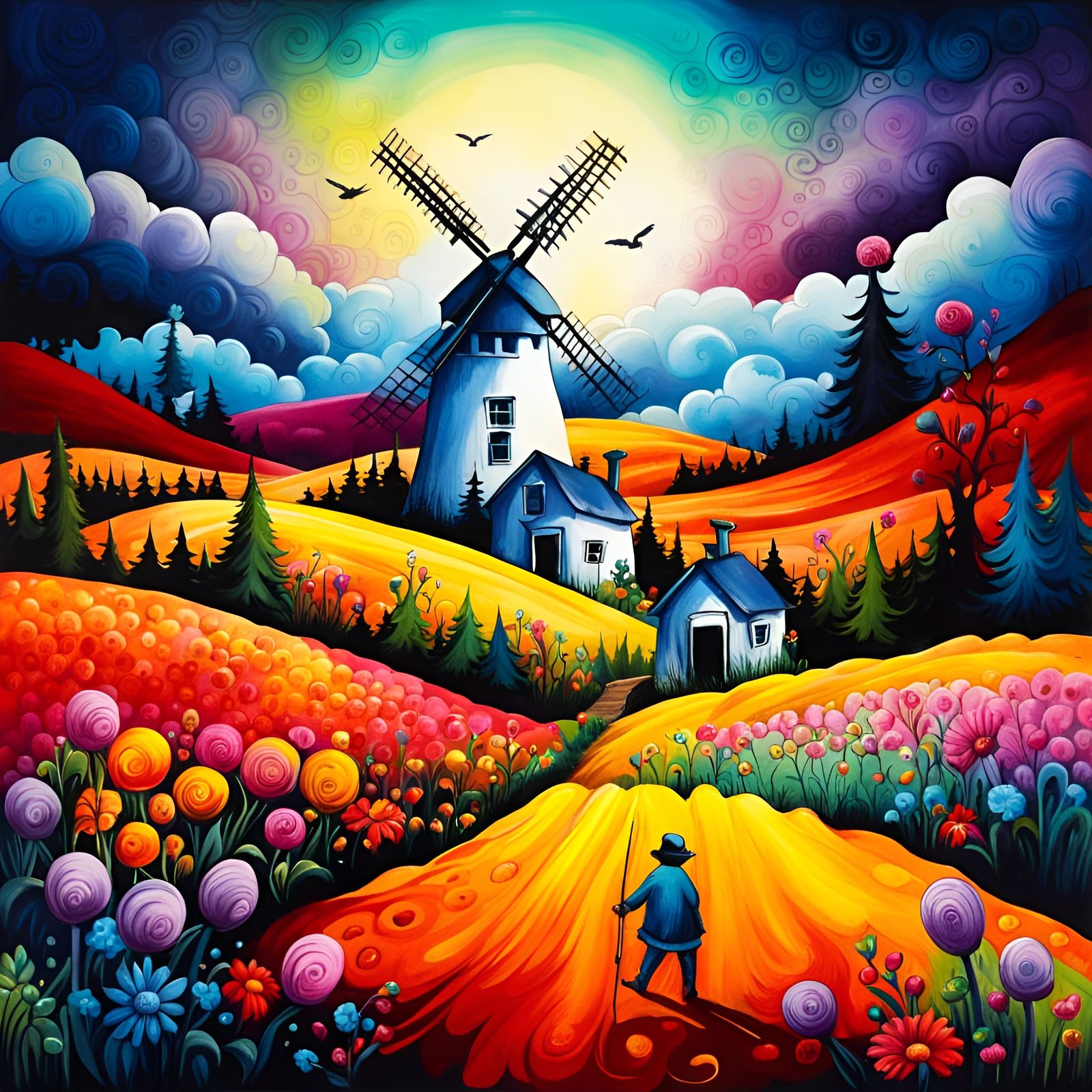 Just For Something Different - a Whimsical Windmill in a Colorful Landscape.  Storm Rolling in on the ...  by @Matt