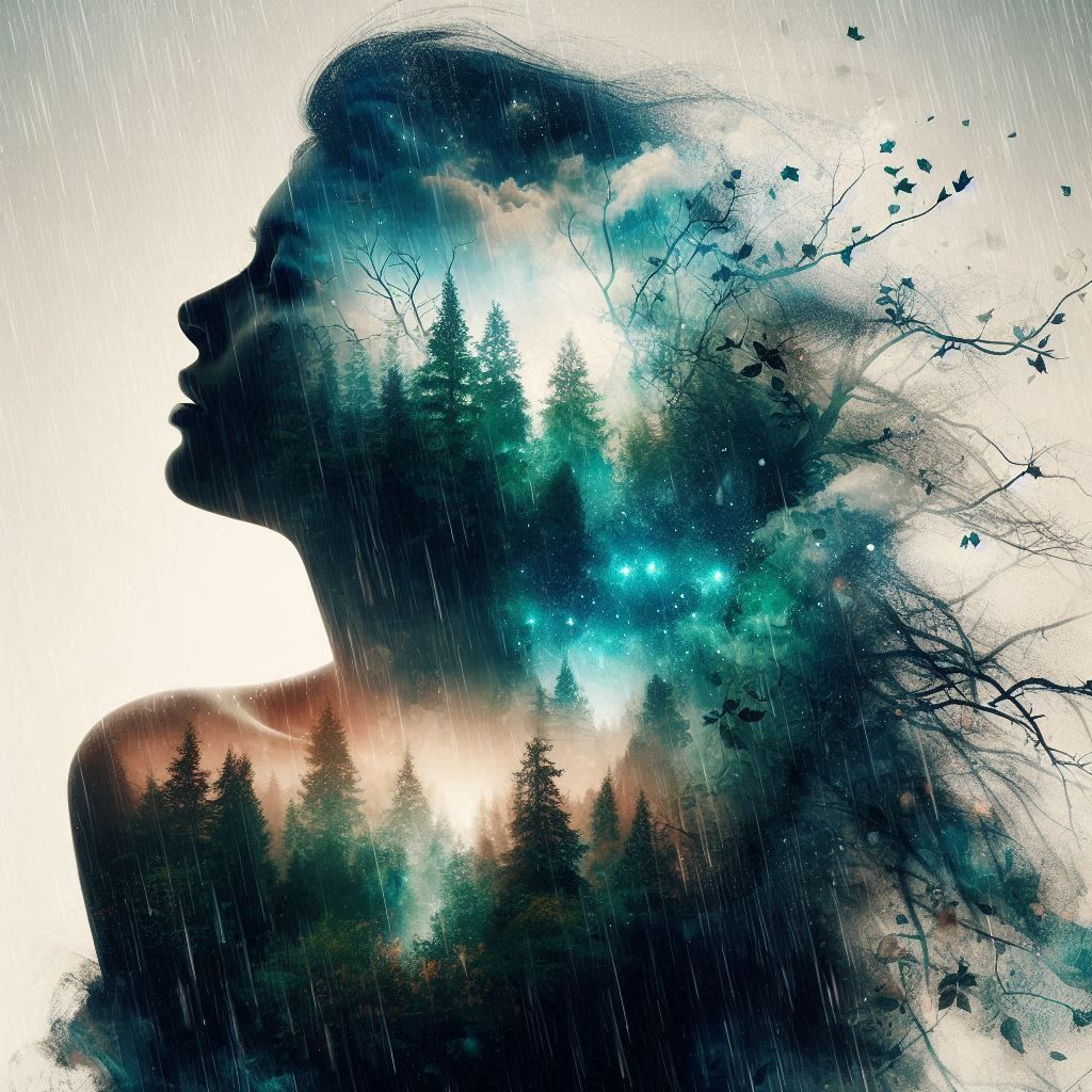 double exposure beautiful fantasy DALL-E 3 portrait landscape..