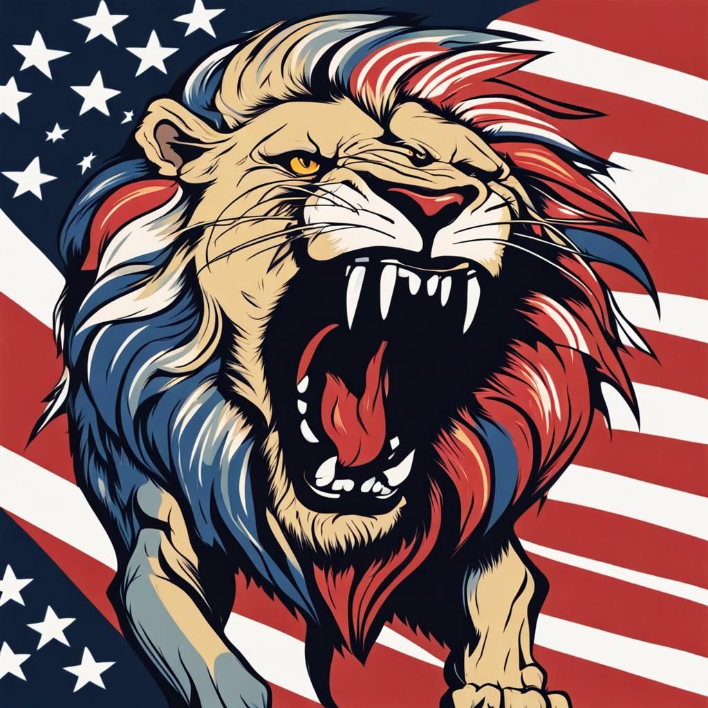 Stylized Lion Roaring with American Flag