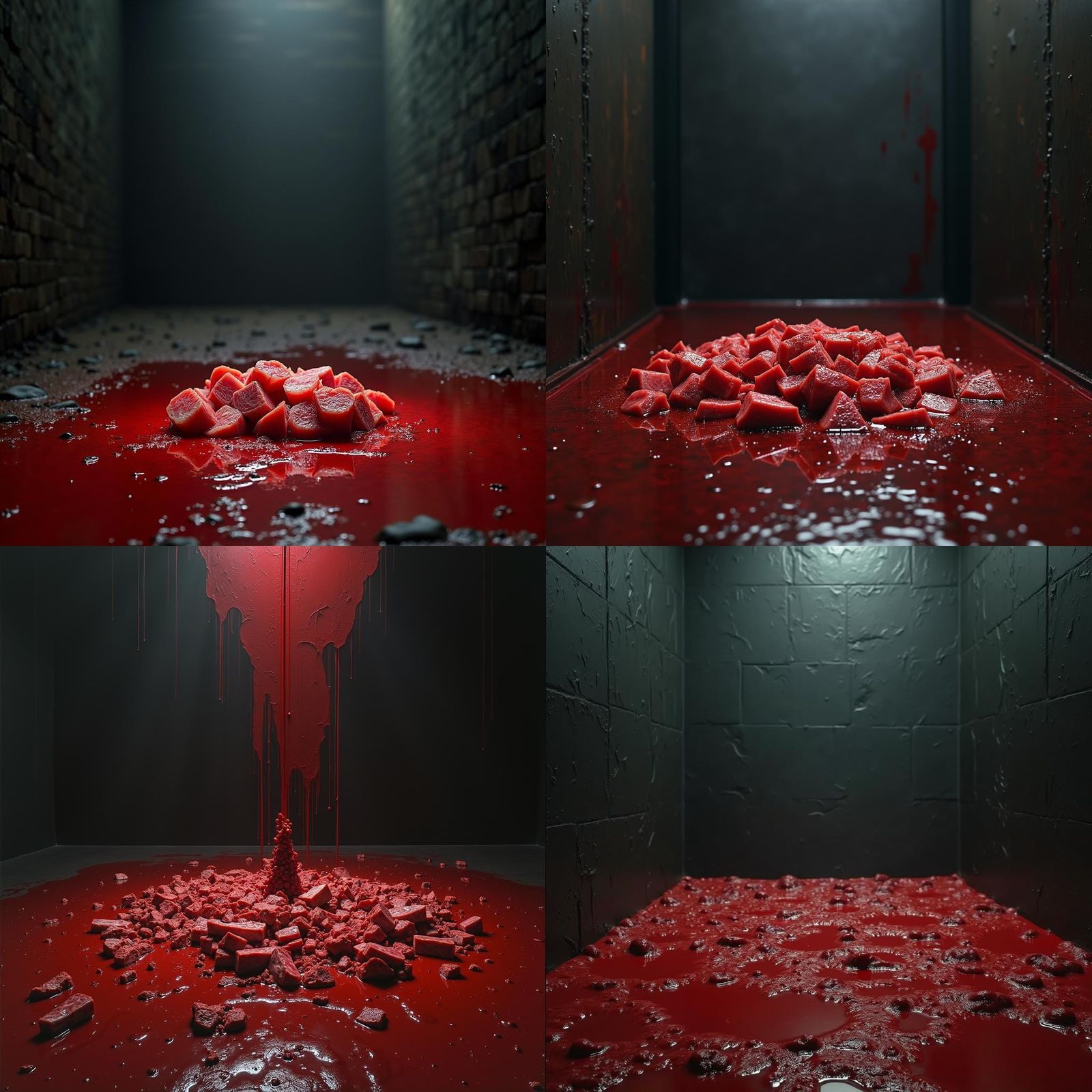 Liminal space. Empty. Large area. Wet. Dark. Wet red splatte...