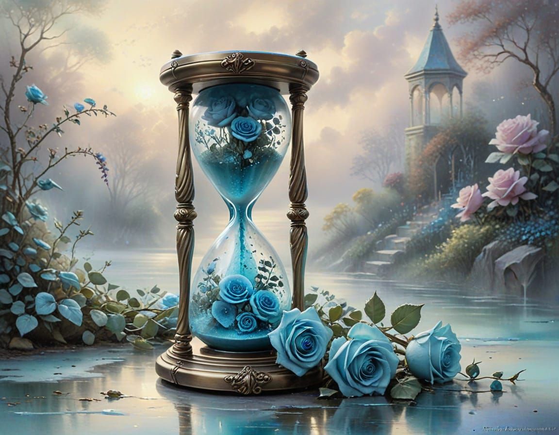 Antique Hourglass with Teal Roses in Ethereal Watercolor