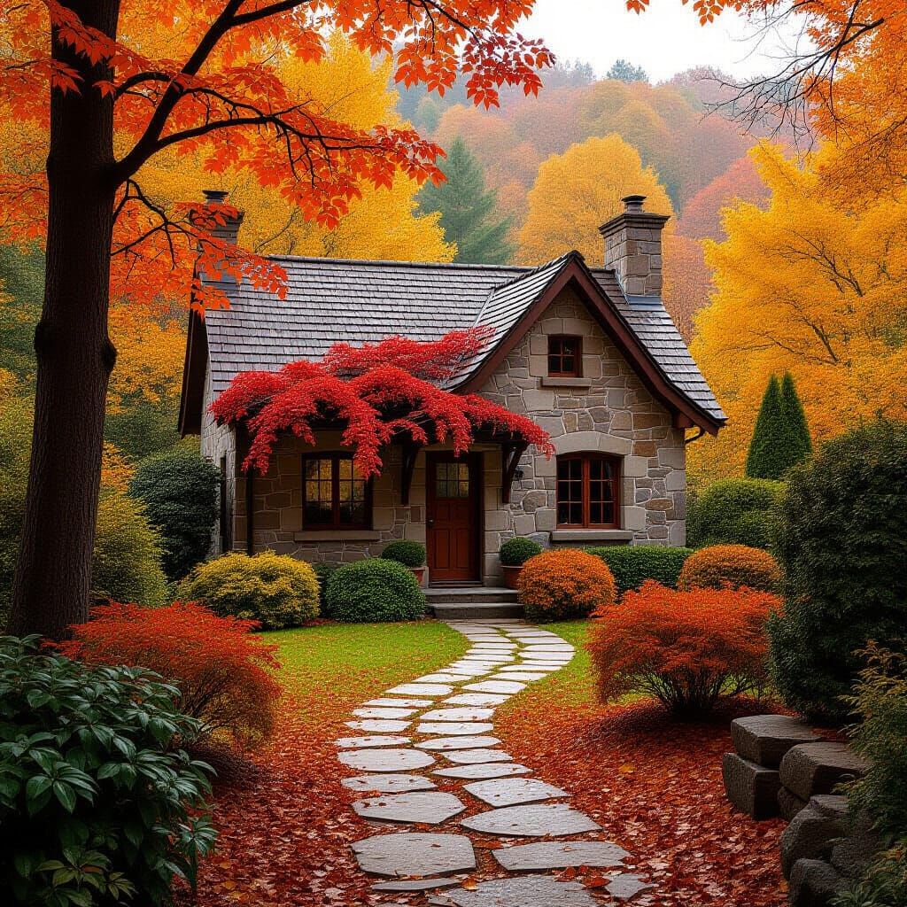 Cozy cottage amidst an autumn landscape