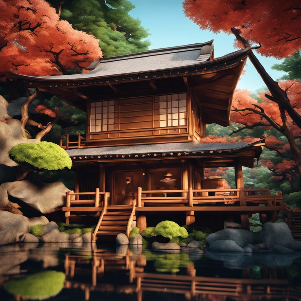 origami cozy Japanese cabin in the woods AI Generated Artwork