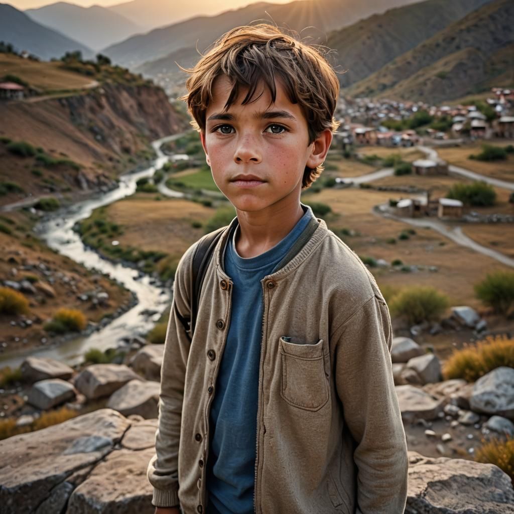 Boy in Breathtaking Landscape: Warm-Toned Portrait